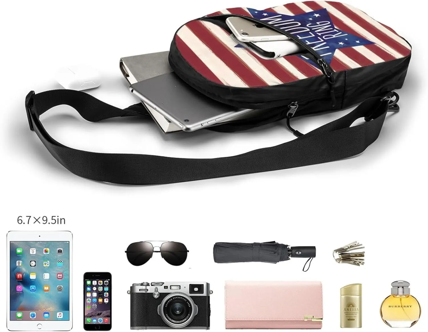 American Flag Stripes Let Freedom Ring Portable Sling Bags Packable Crossbody Bag Foldable Sport Daypack Reusable Shoulder Backpack Diagonally Chest Bag for Workout Travel