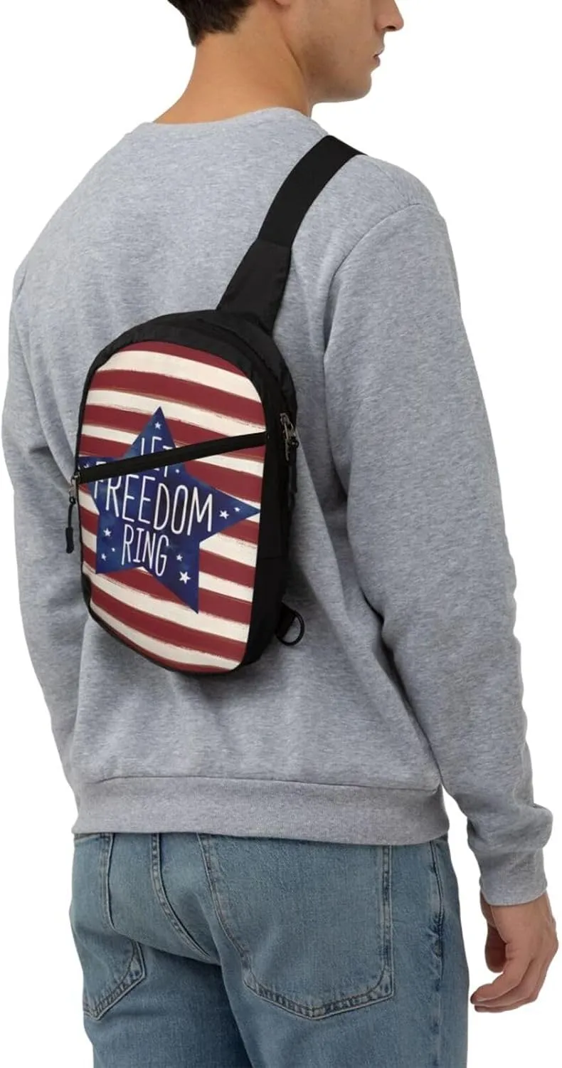 American Flag Stripes Let Freedom Ring Portable Sling Bags Packable Crossbody Bag Foldable Sport Daypack Reusable Shoulder Backpack Diagonally Chest Bag for Workout Travel