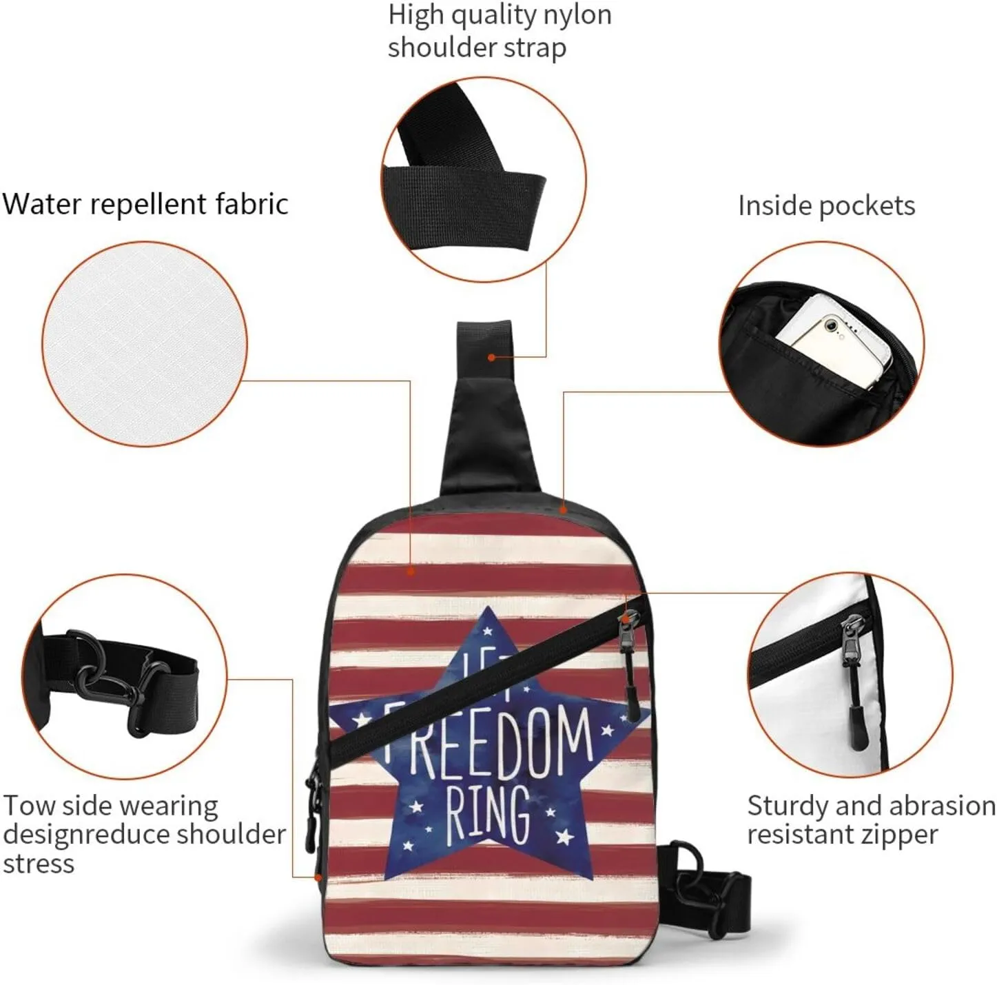 American Flag Stripes Let Freedom Ring Portable Sling Bags Packable Crossbody Bag Foldable Sport Daypack Reusable Shoulder Backpack Diagonally Chest Bag for Workout Travel
