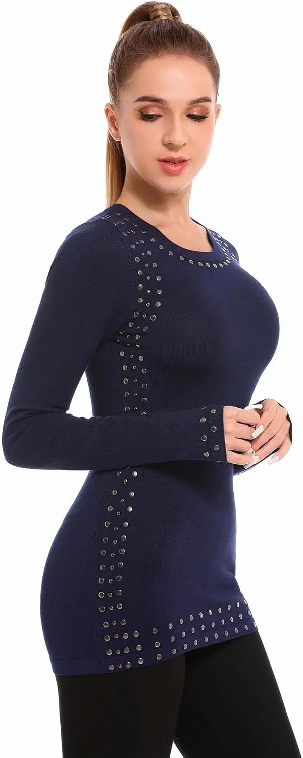 AmélieBoutik Women Crew Neck Studs Trim Embellished Long Sleeve Sweater