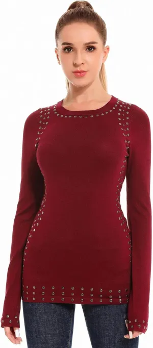 AmélieBoutik Women Crew Neck Studs Trim Embellished Long Sleeve Sweater