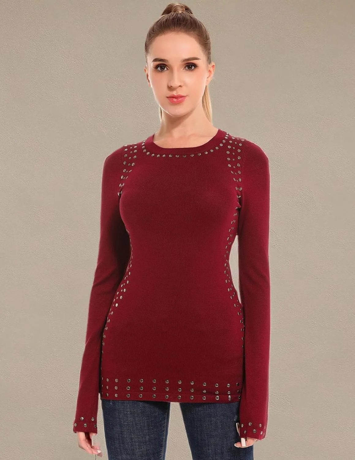 AmélieBoutik Women Crew Neck Studs Trim Embellished Long Sleeve Sweater