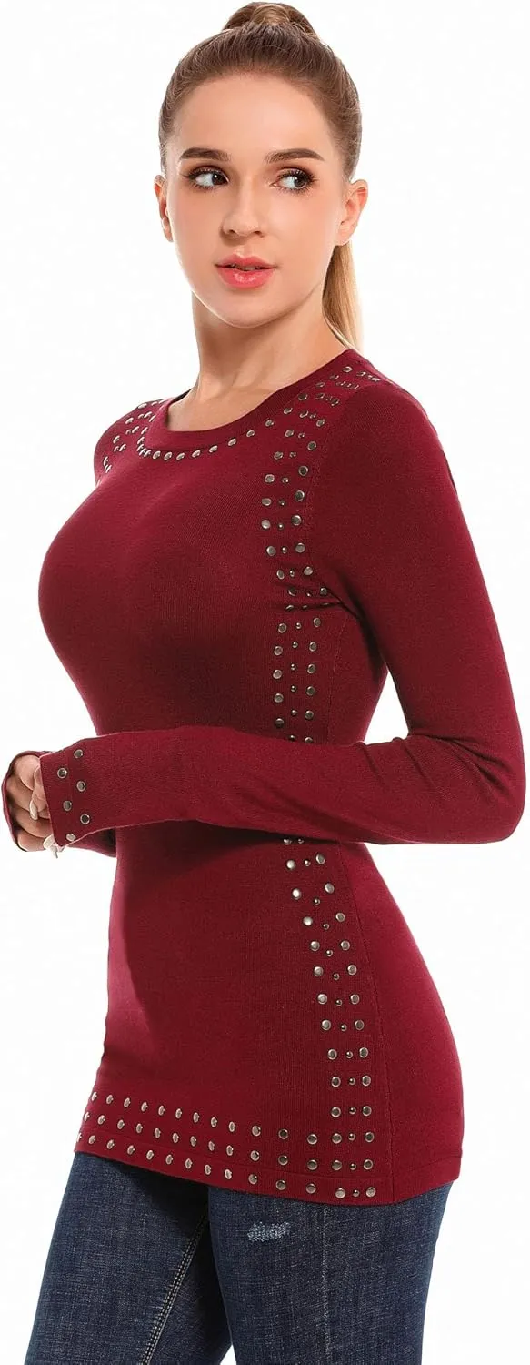 AmélieBoutik Women Crew Neck Studs Trim Embellished Long Sleeve Sweater
