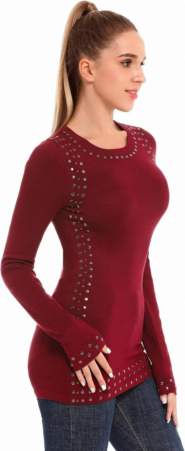 AmélieBoutik Women Crew Neck Studs Trim Embellished Long Sleeve Sweater