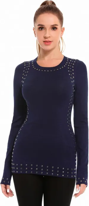 AmélieBoutik Women Crew Neck Studs Trim Embellished Long Sleeve Sweater
