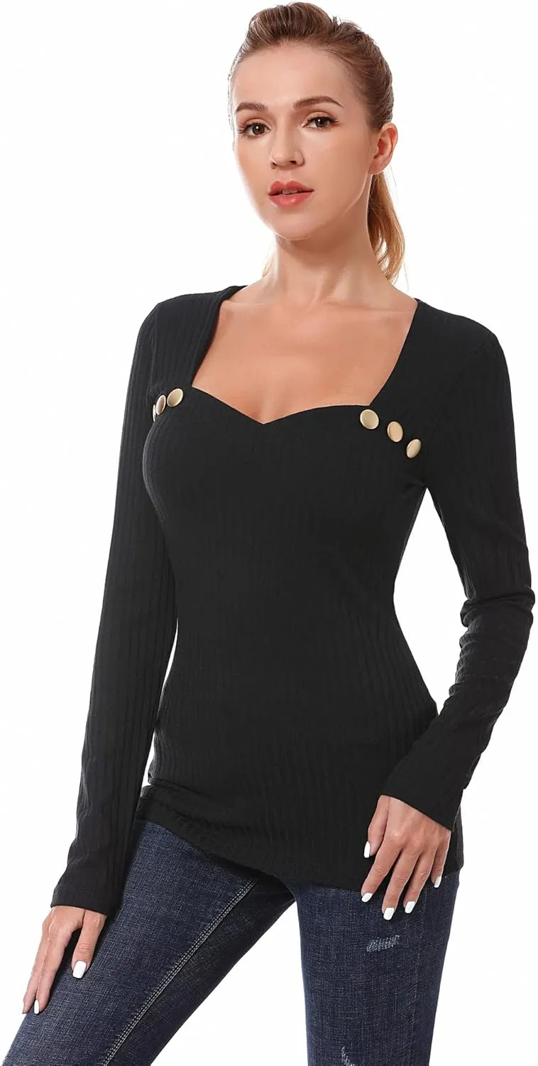 AmélieBoutik Women Queen Anne Neckline Button Embellished Long Sleeve Ribbed Top