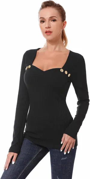 AmélieBoutik Women Queen Anne Neckline Button Embellished Long Sleeve Ribbed Top