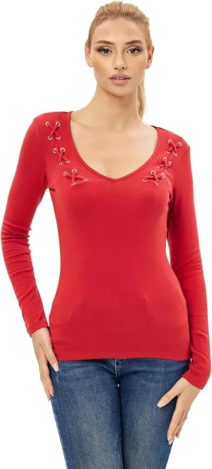 AmélieBoutik Women V Neck Criss Cross Embellished Long Sleeve Top