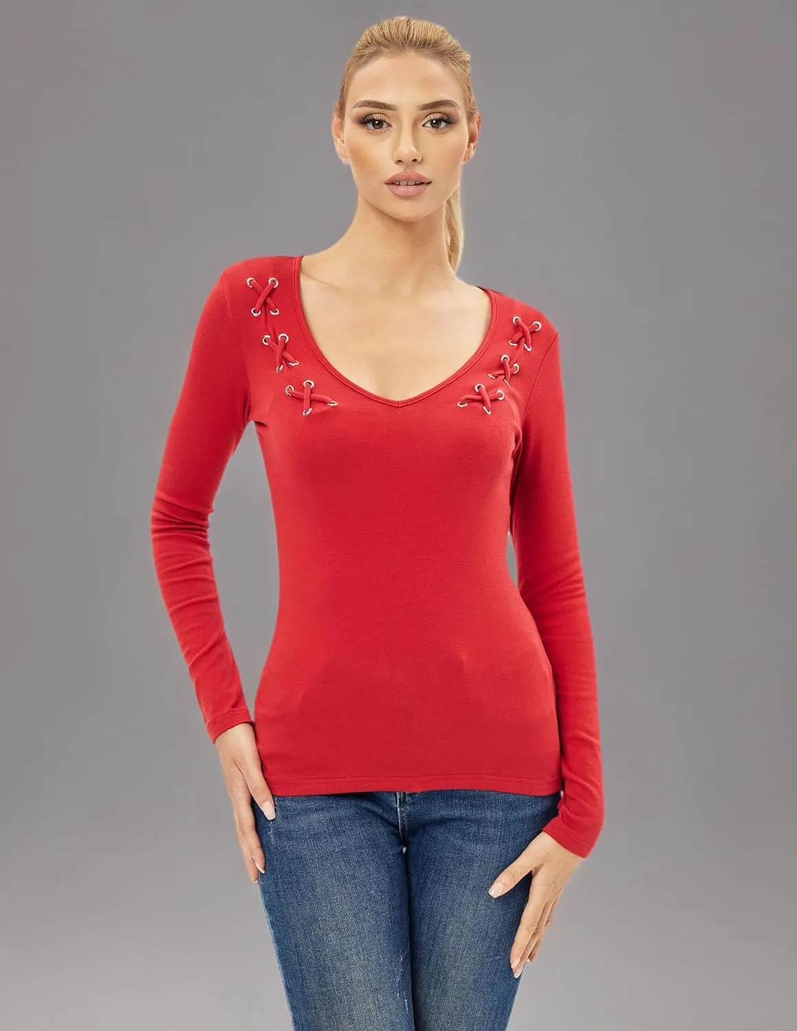 AmélieBoutik Women V Neck Criss Cross Embellished Long Sleeve Top