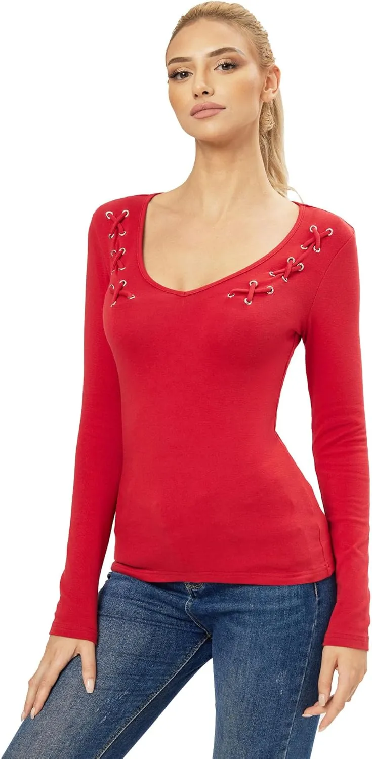 AmélieBoutik Women V Neck Criss Cross Embellished Long Sleeve Top