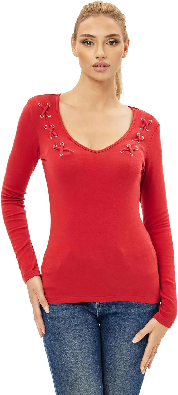 AmélieBoutik Women V Neck Criss Cross Embellished Long Sleeve Top