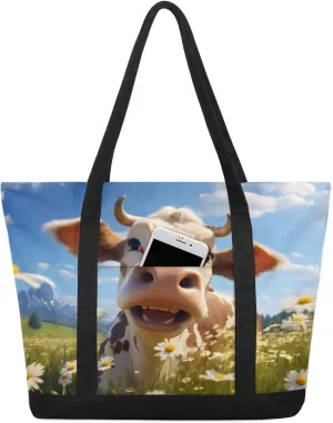 Animal Giraffe Canvas Tote Bag Casual Shoulder Handbag Large Shopping Bags With 5 Pocket Carry On Weekender Backpack