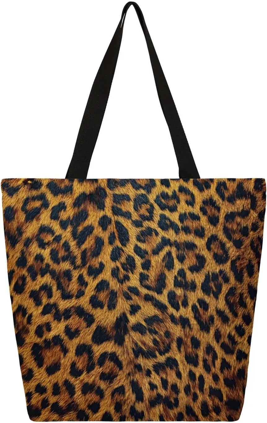 Animal Leopard Texture Canvas Tote Bag for Women Heavy Duty Canvas Bag Beach Bags Reusable Grocery Shopping Bags Tote Bag Gym Shoulder Bag with Inner Pocket