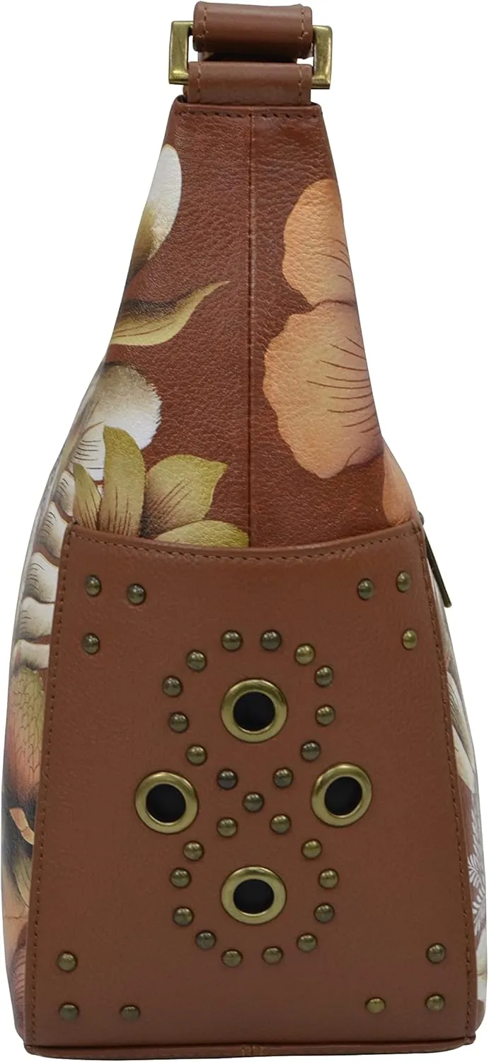 Anuschka Women's Genuine Leather Shoulder Bag | Hand Painted Original Artwork | Classic Hobo With Studded Side Pockets