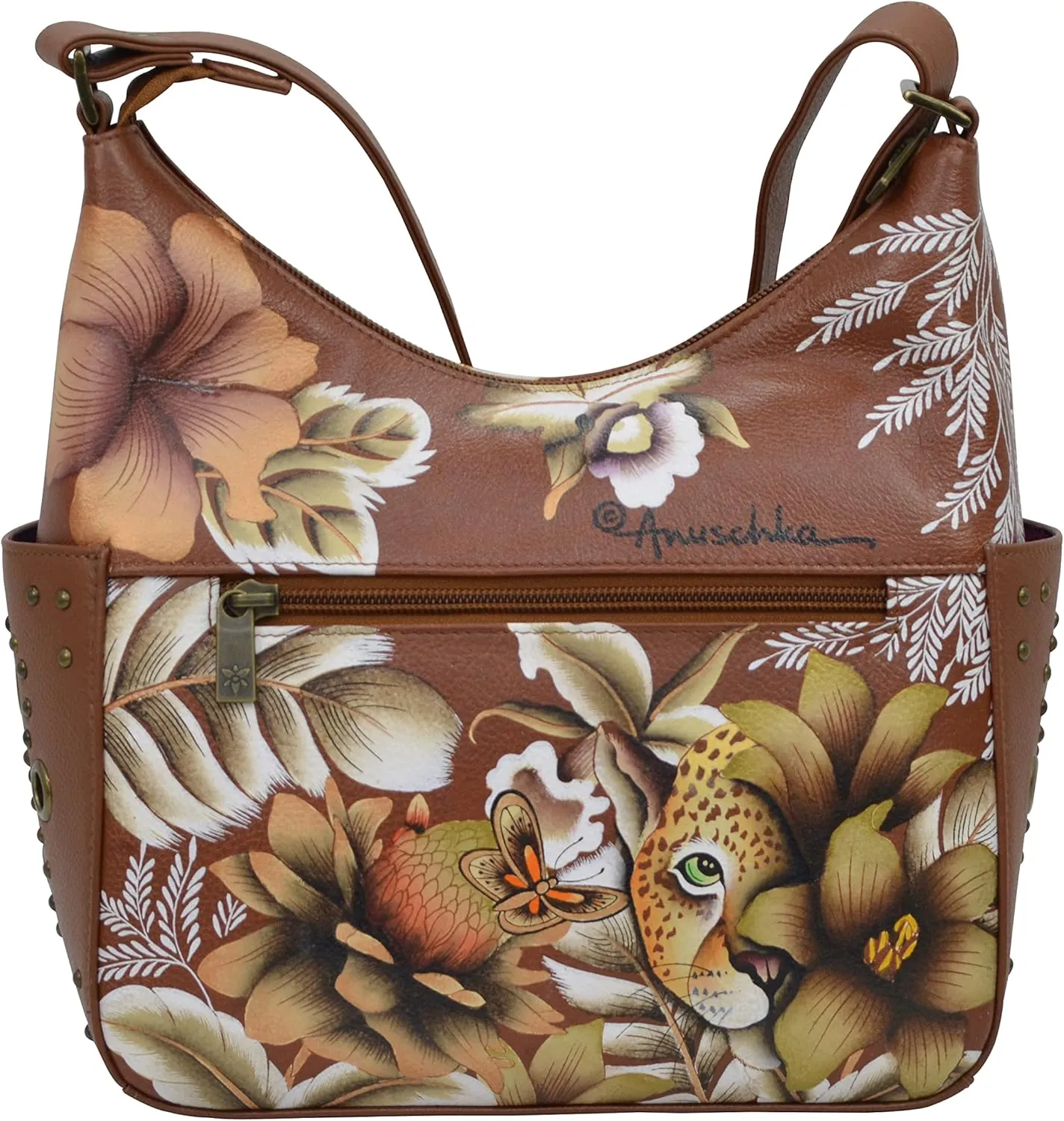 Anuschka Women's Genuine Leather Shoulder Bag | Hand Painted Original Artwork | Classic Hobo With Studded Side Pockets
