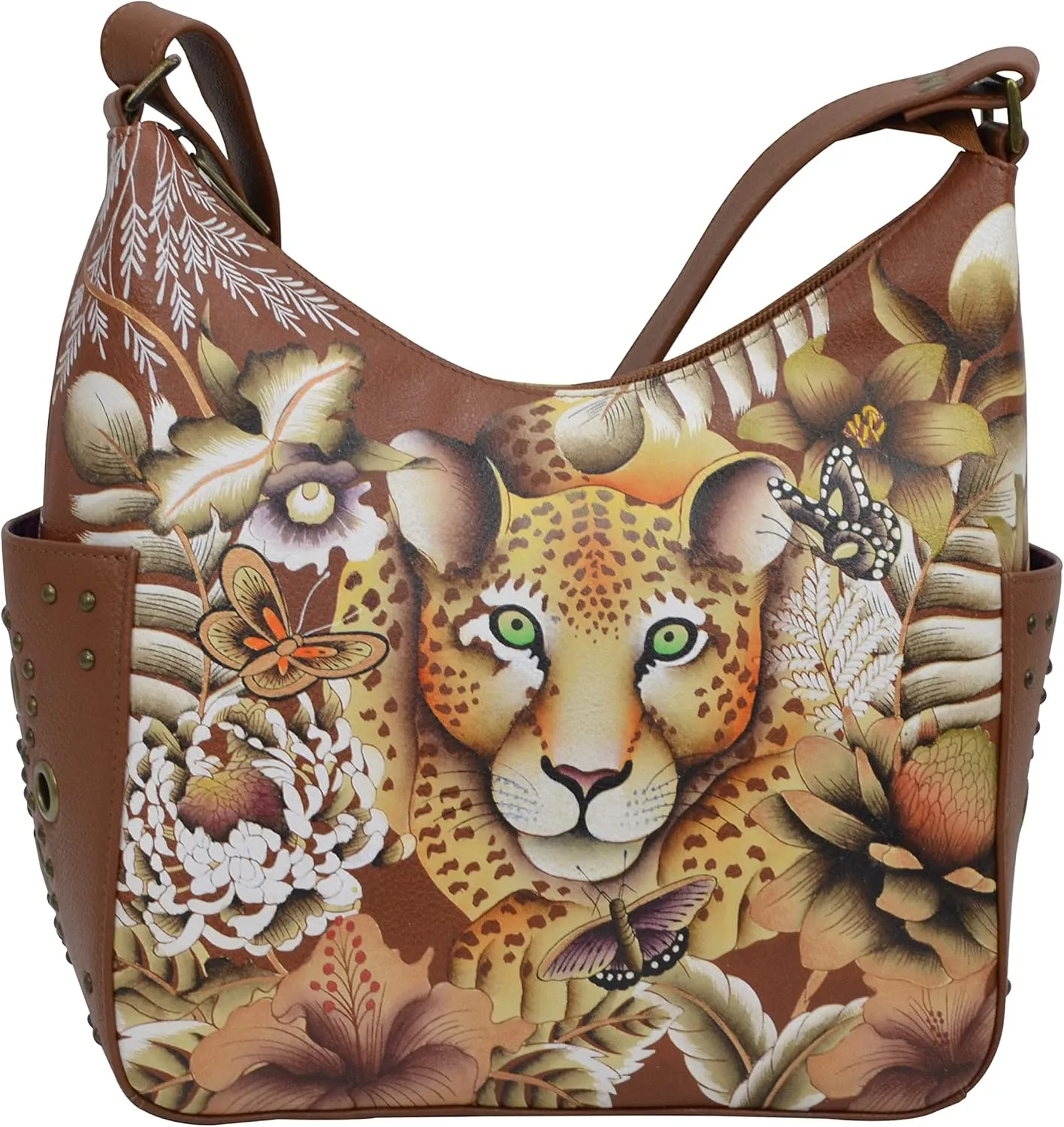 Anuschka Women's Genuine Leather Shoulder Bag | Hand Painted Original Artwork | Classic Hobo With Studded Side Pockets