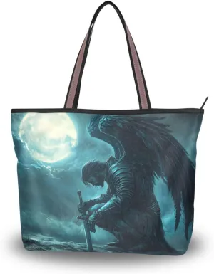 Archangel Wings Moon Tote Bag for Women Durable Designer Handbag with Zipper for Daily Use L