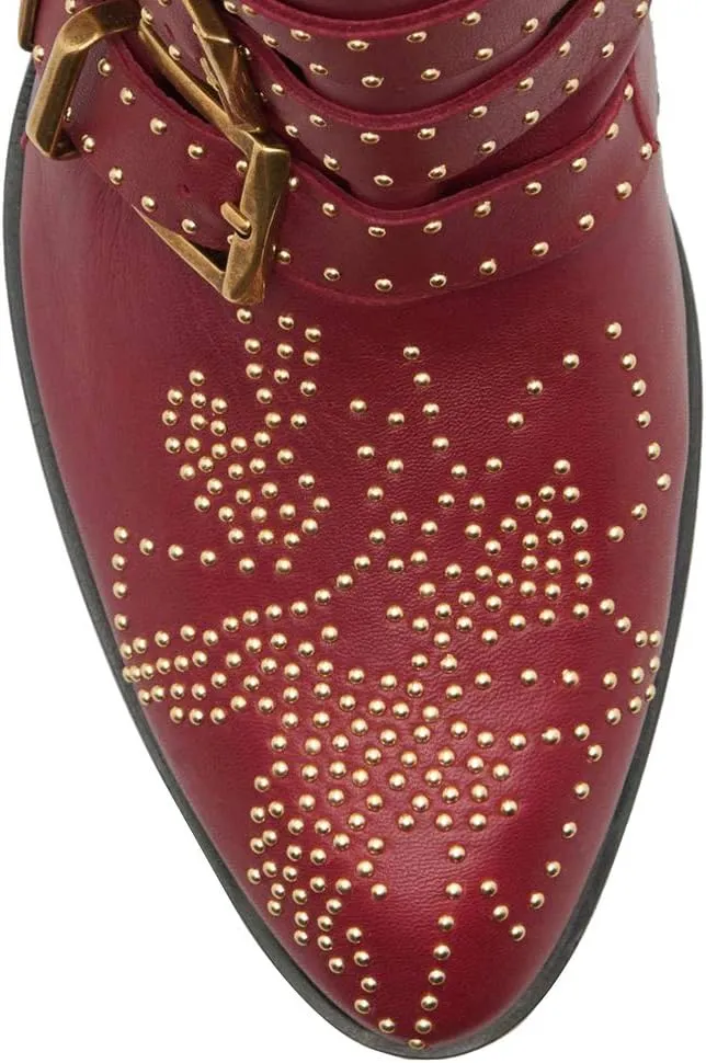 Arqa Women's Studded Ankle Boots Leather Multiple Buckle Chunky Heel Booties Almond Toe Zipper Punk Boot