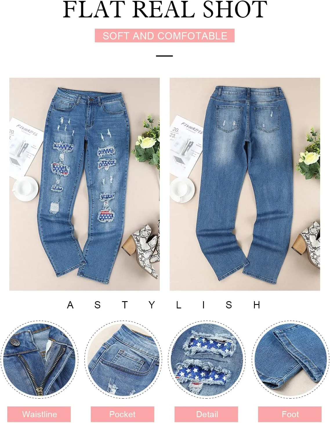 Astylish Womens Plaid Patch Ripped Boyfriend Distressed Stretch Skinny Denim Jeans with Hole