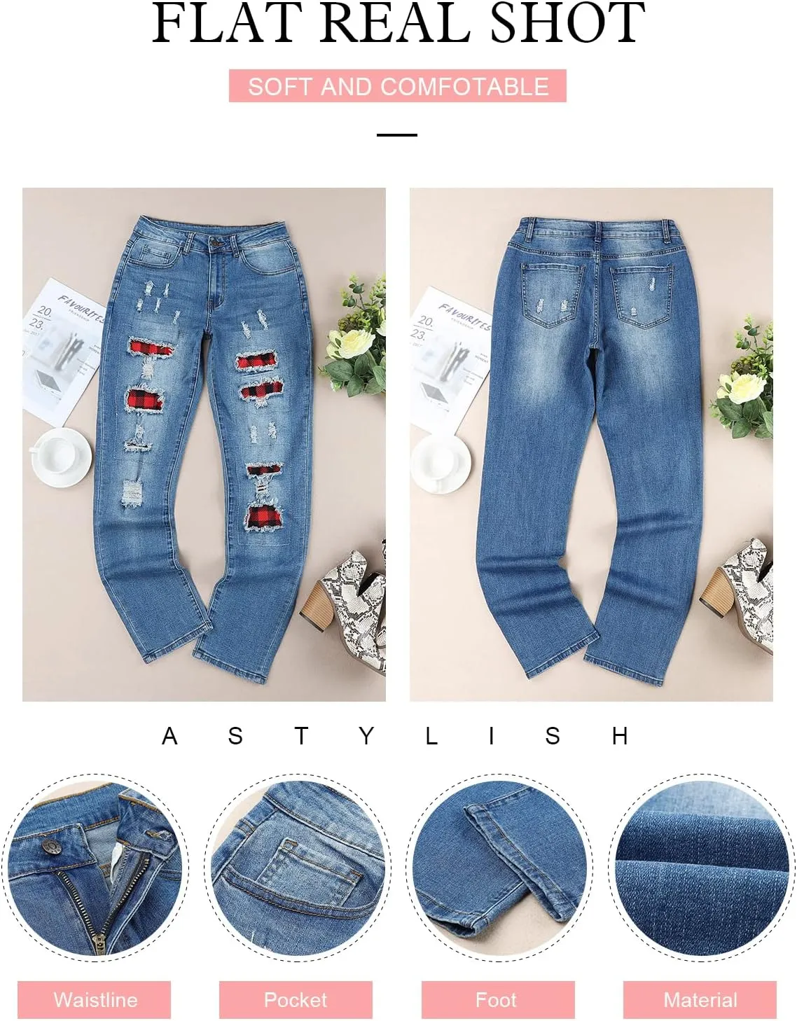 Astylish Womens Plaid Patch Ripped Boyfriend Distressed Stretch Skinny Denim Jeans with Hole