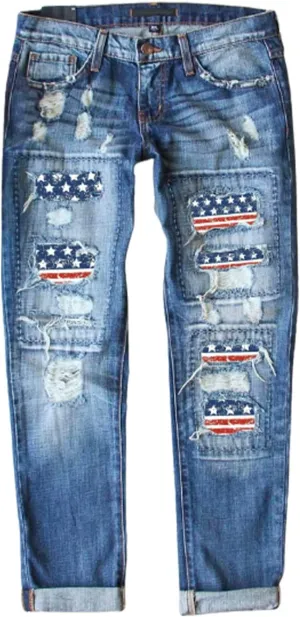 Astylish Womens Plaid Patch Ripped Boyfriend Distressed Stretch Skinny Denim Jeans with Hole
