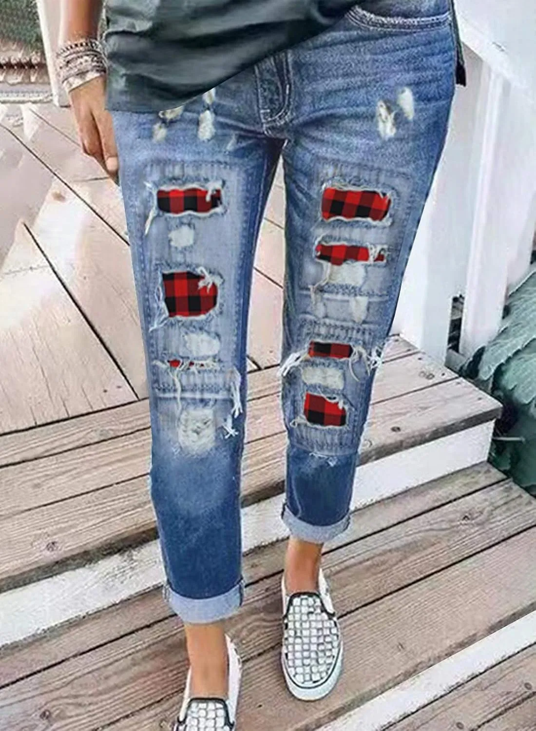 Astylish Womens Plaid Patch Ripped Boyfriend Distressed Stretch Skinny Denim Jeans with Hole