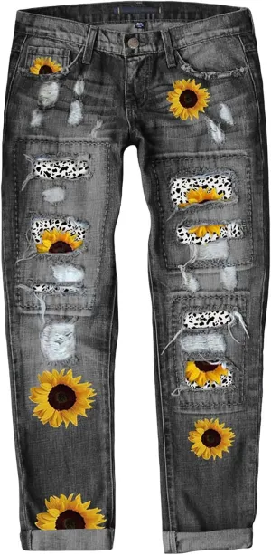 Astylish Womens Plaid Patch Ripped Boyfriend Distressed Stretch Skinny Denim Jeans with Hole
