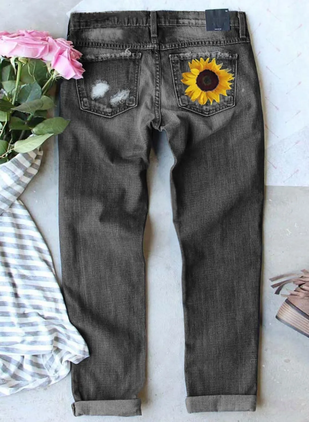 Astylish Womens Plaid Patch Ripped Boyfriend Distressed Stretch Skinny Denim Jeans with Hole