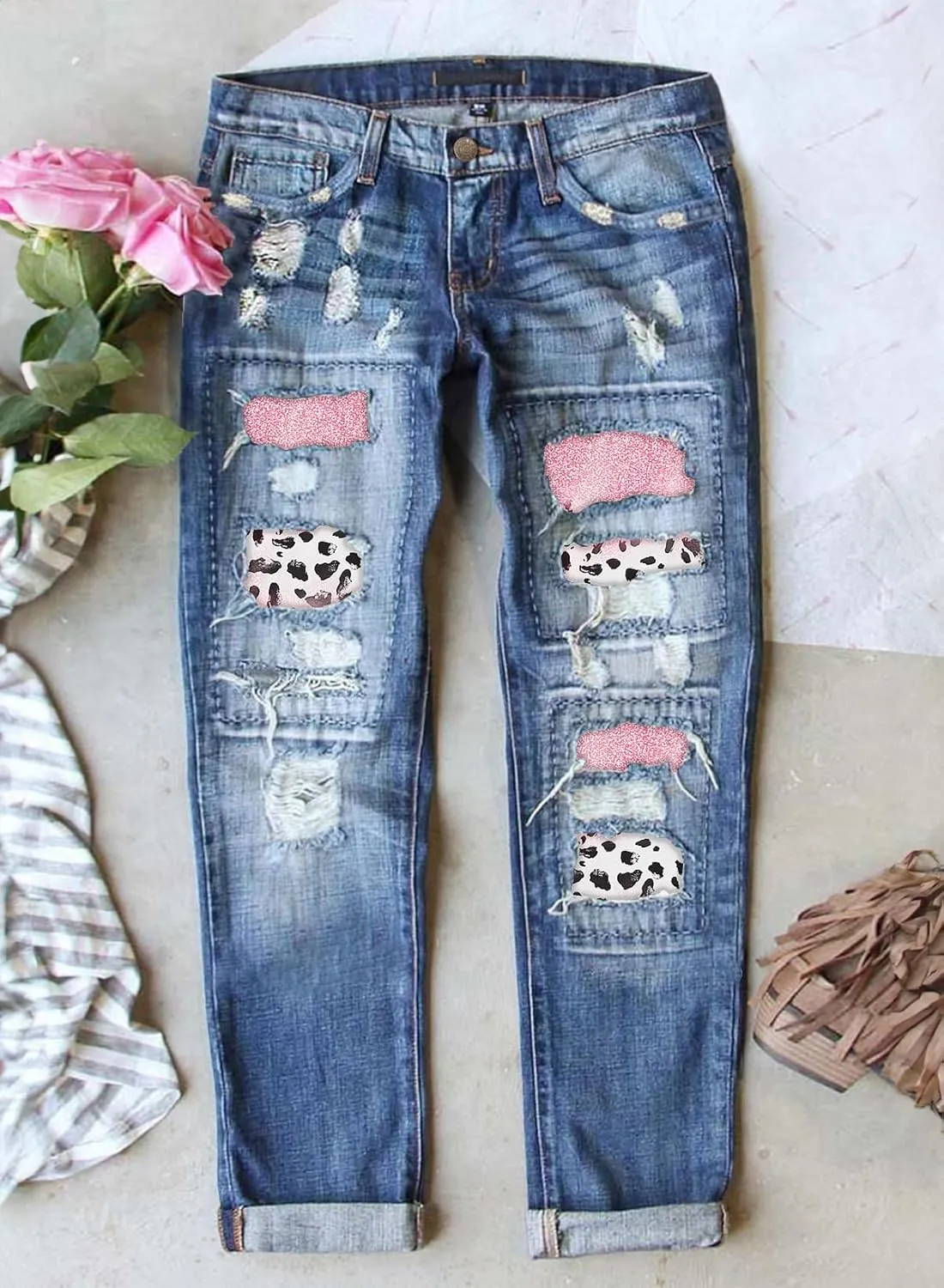 Astylish Womens Plaid Patch Ripped Boyfriend Distressed Stretch Skinny Denim Jeans with Hole