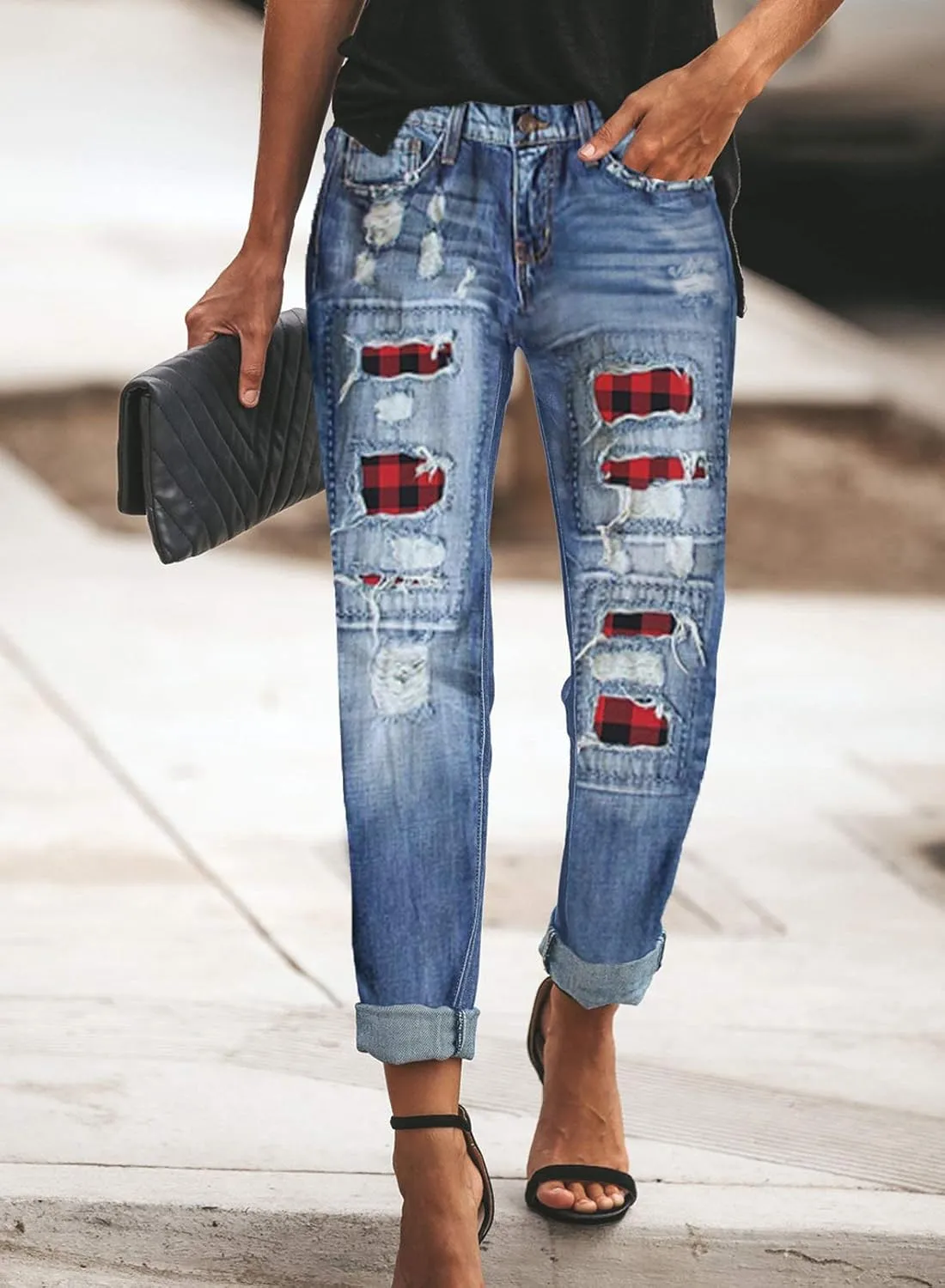 Astylish Womens Plaid Patch Ripped Boyfriend Distressed Stretch Skinny Denim Jeans with Hole