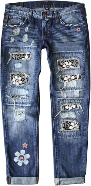Astylish Womens Plaid Patch Ripped Boyfriend Distressed Stretch Skinny Denim Jeans with Hole
