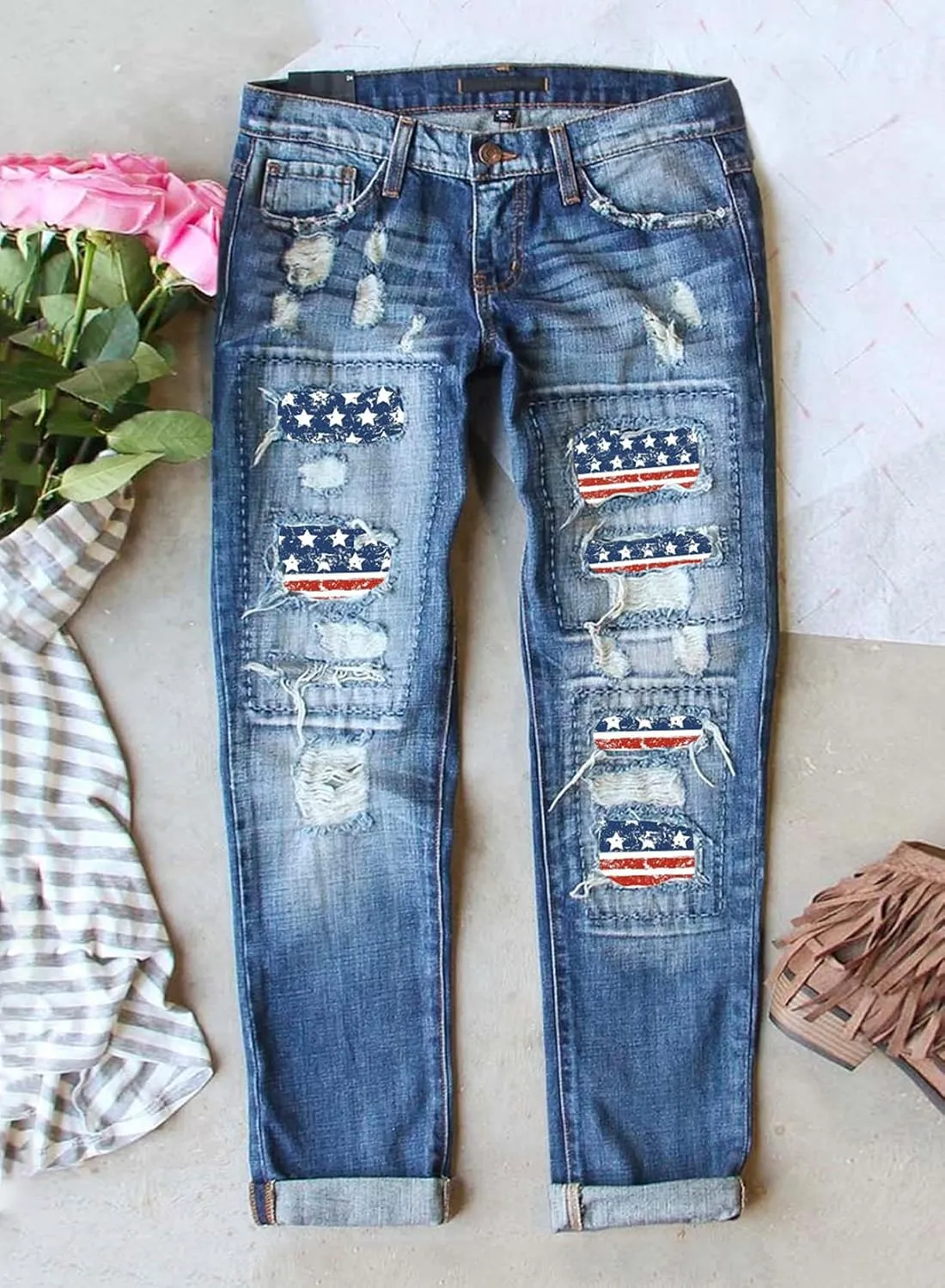 Astylish Womens Plaid Patch Ripped Boyfriend Distressed Stretch Skinny Denim Jeans with Hole
