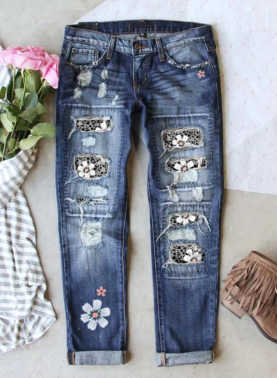 Astylish Womens Plaid Patch Ripped Boyfriend Distressed Stretch Skinny Denim Jeans with Hole