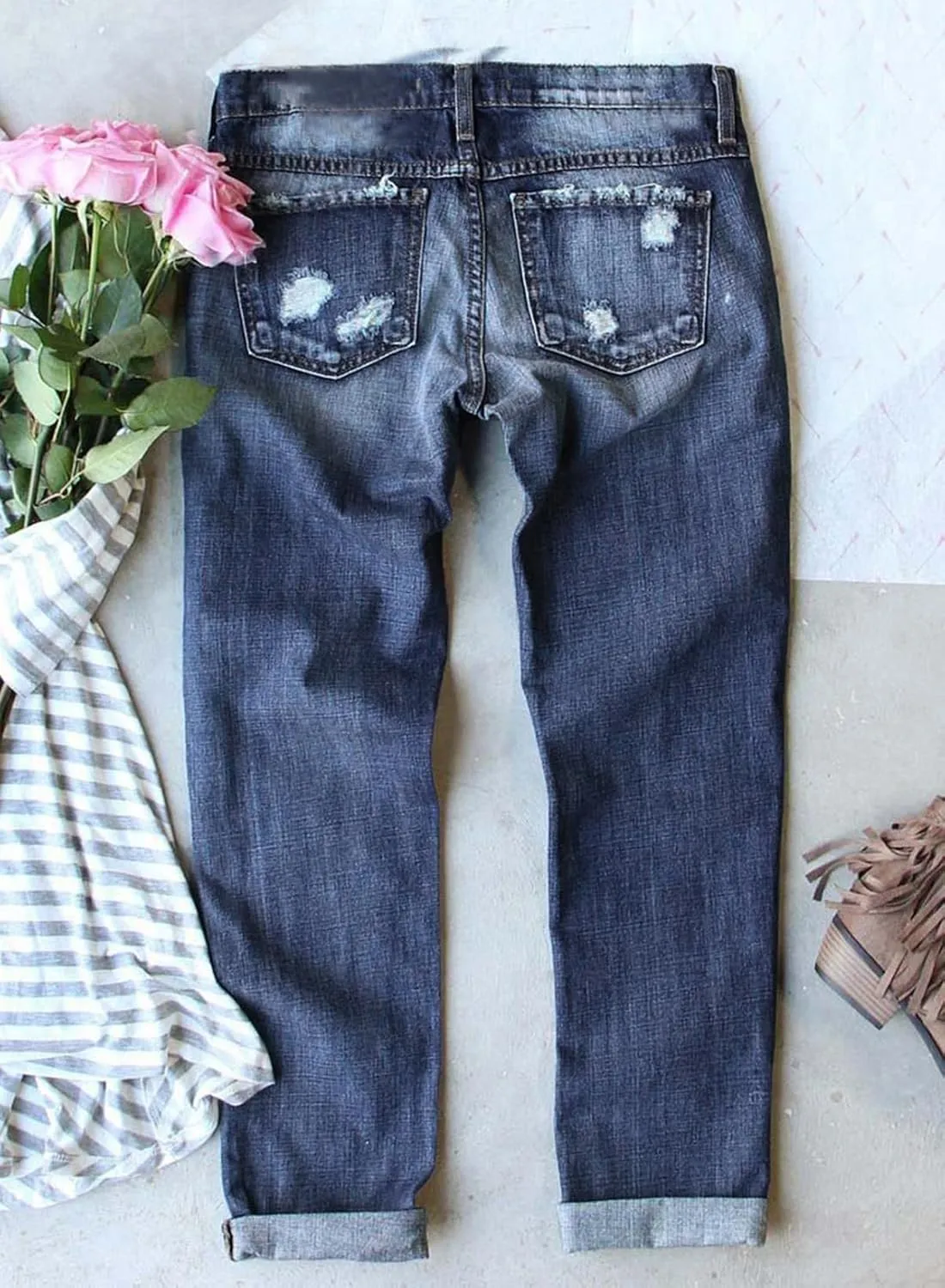 Astylish Womens Plaid Patch Ripped Boyfriend Distressed Stretch Skinny Denim Jeans with Hole