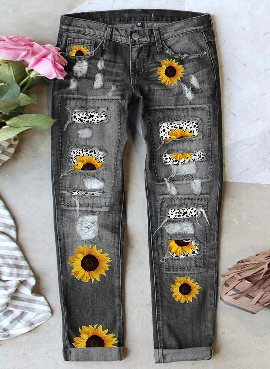 Astylish Womens Plaid Patch Ripped Boyfriend Distressed Stretch Skinny Denim Jeans with Hole