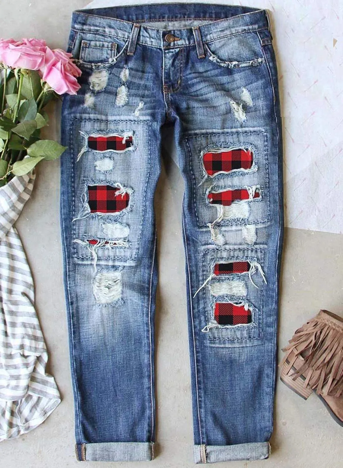 Astylish Womens Plaid Patch Ripped Boyfriend Distressed Stretch Skinny Denim Jeans with Hole