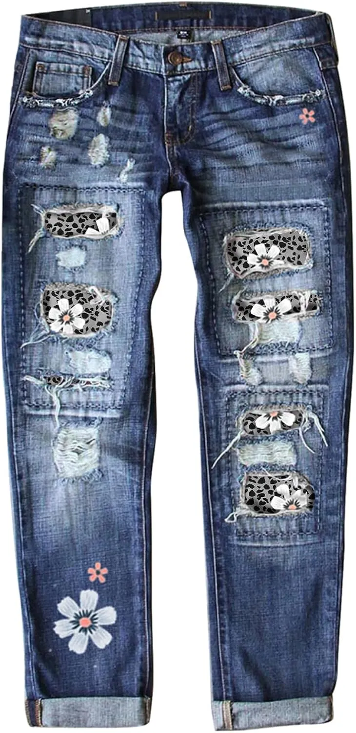 Astylish Womens Plaid Patch Ripped Boyfriend Distressed Stretch Skinny Denim Jeans with Hole