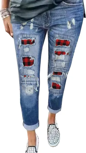 Astylish Womens Plaid Patch Ripped Boyfriend Distressed Stretch Skinny Denim Jeans with Hole