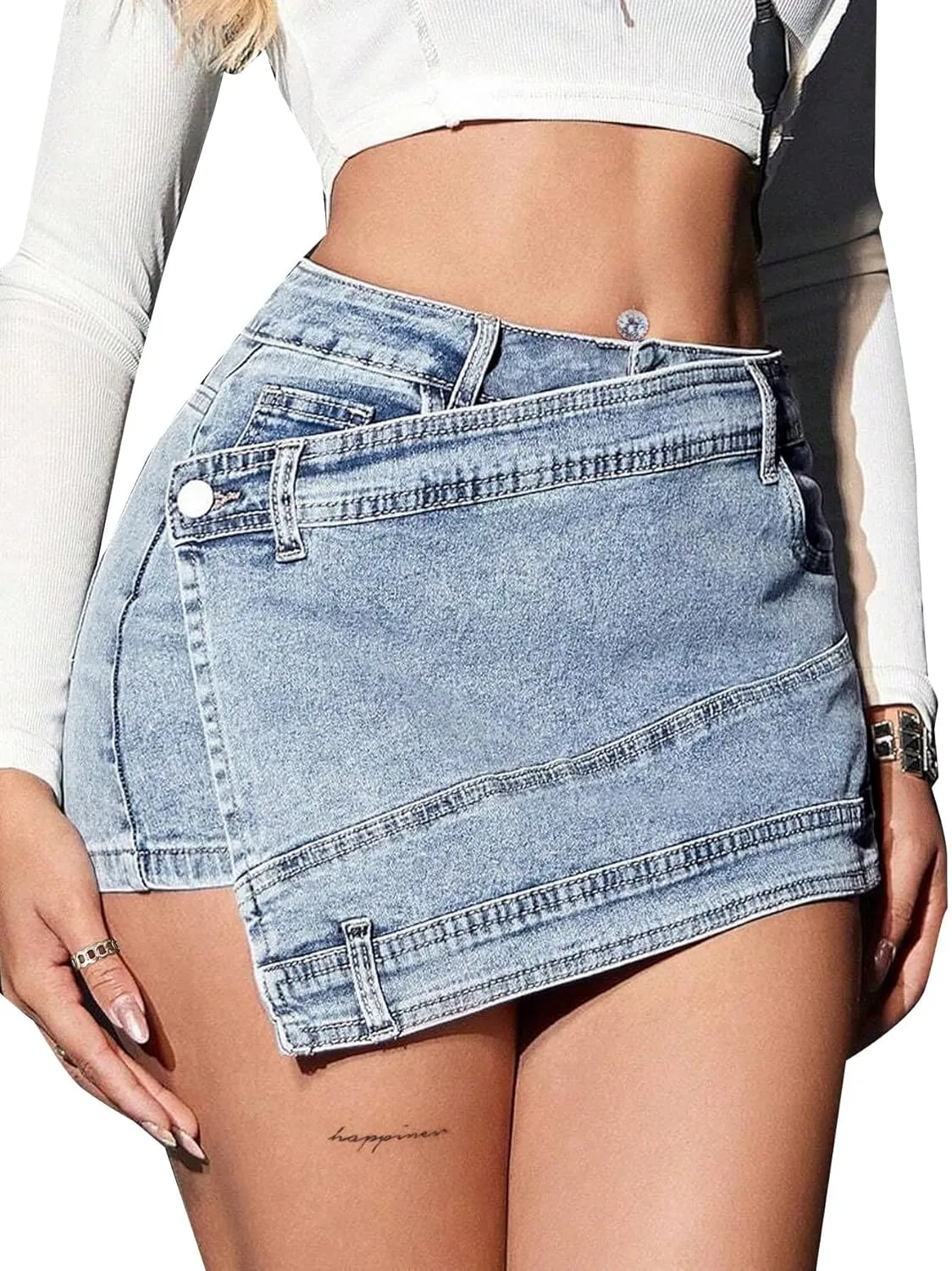 Avanova Women Jean Denim Skort Sexy High Waisted Asymmetrical Short Mini Skirt