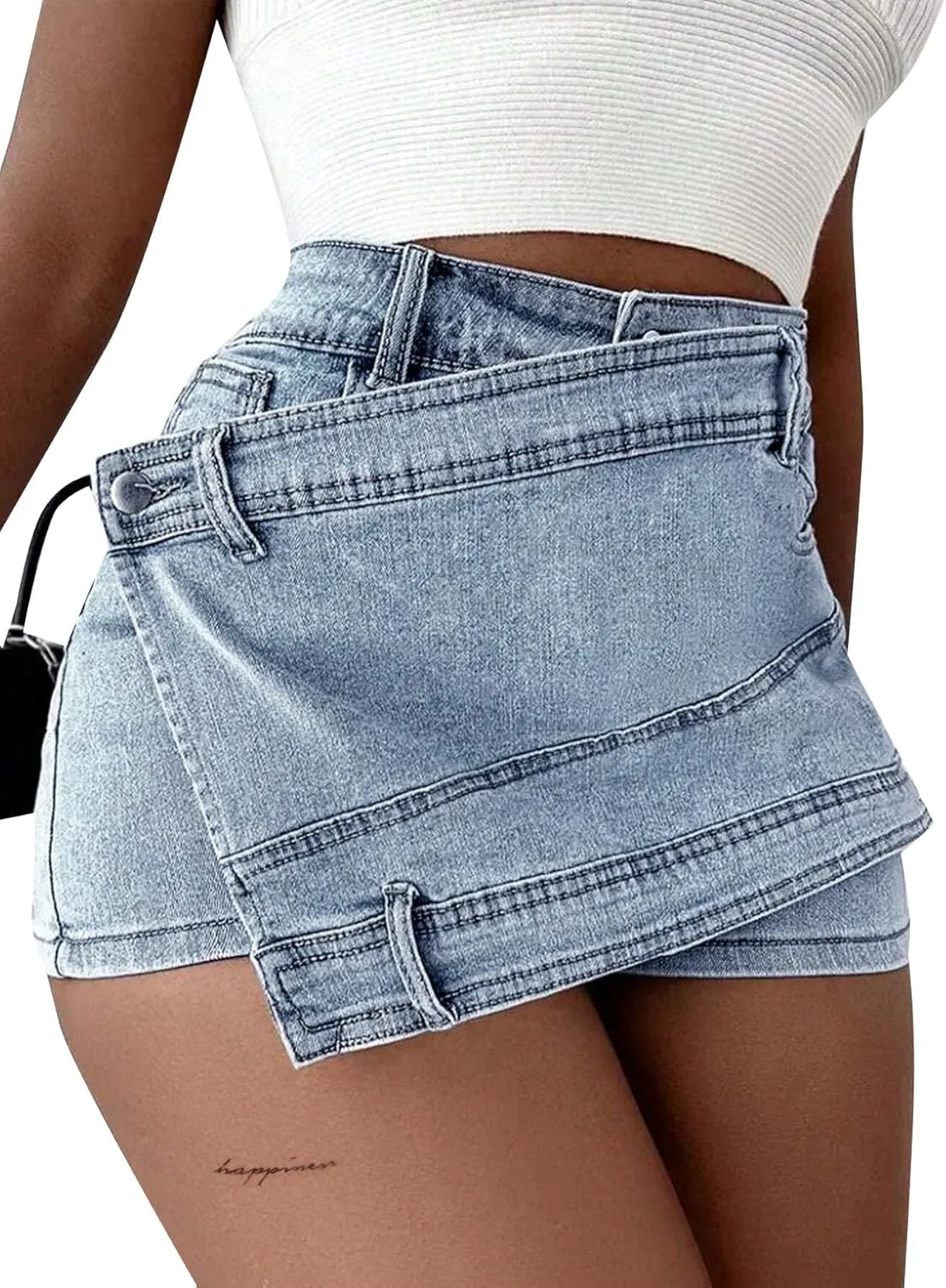 Avanova Women Jean Denim Skort Sexy High Waisted Asymmetrical Short Mini Skirt