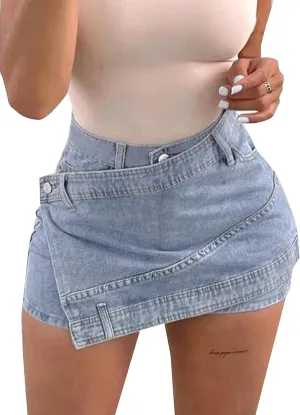 Avanova Women Jean Denim Skort Sexy High Waisted Asymmetrical Short Mini Skirt