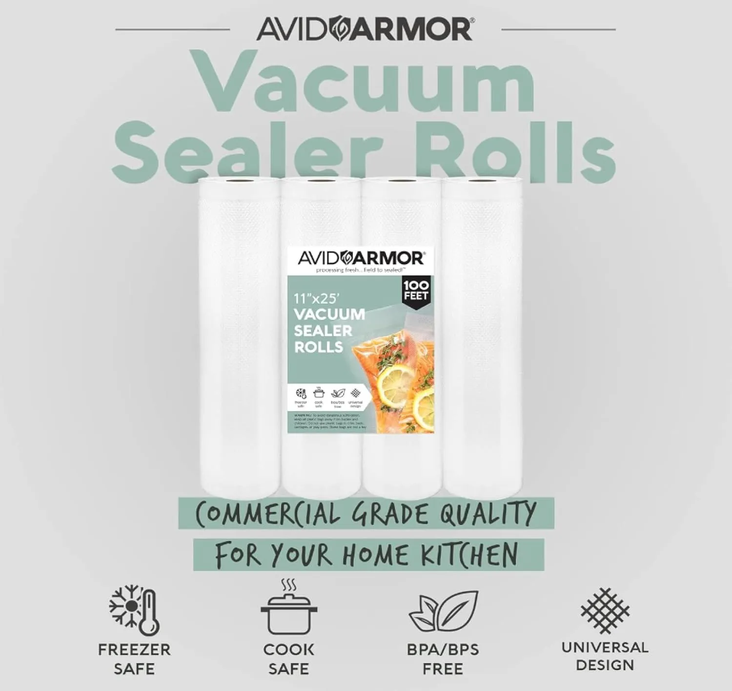 Avid Armor Vacuum Sealer Bags - 4 Pack, 11x25 Rolls | BPA-Free Vacuum Seal Bags for Food Storage, Meal Prep, Sous Vide | Heavy Duty Vacuum Sealer Bags, Fits Foodsaver & Seal a Meal