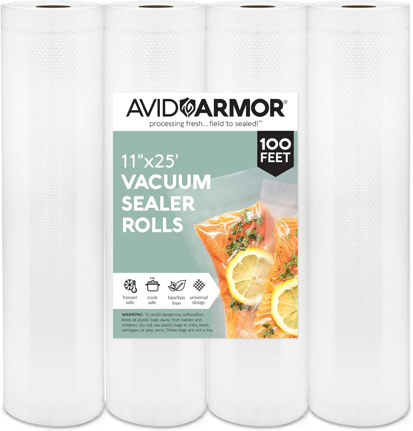 Avid Armor Vacuum Sealer Bags - 4 Pack, 11x25 Rolls | BPA-Free Vacuum Seal Bags for Food Storage, Meal Prep, Sous Vide | Heavy Duty Vacuum Sealer Bags, Fits Foodsaver & Seal a Meal