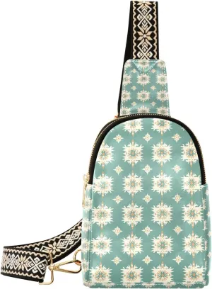 Aztec Print Green Mini Crossbody Bag with Full-Print PU Leather Fashion Waist Pack with Adjustable Strap & Card Holder Great for Hiking Fishing Beach Travel & More