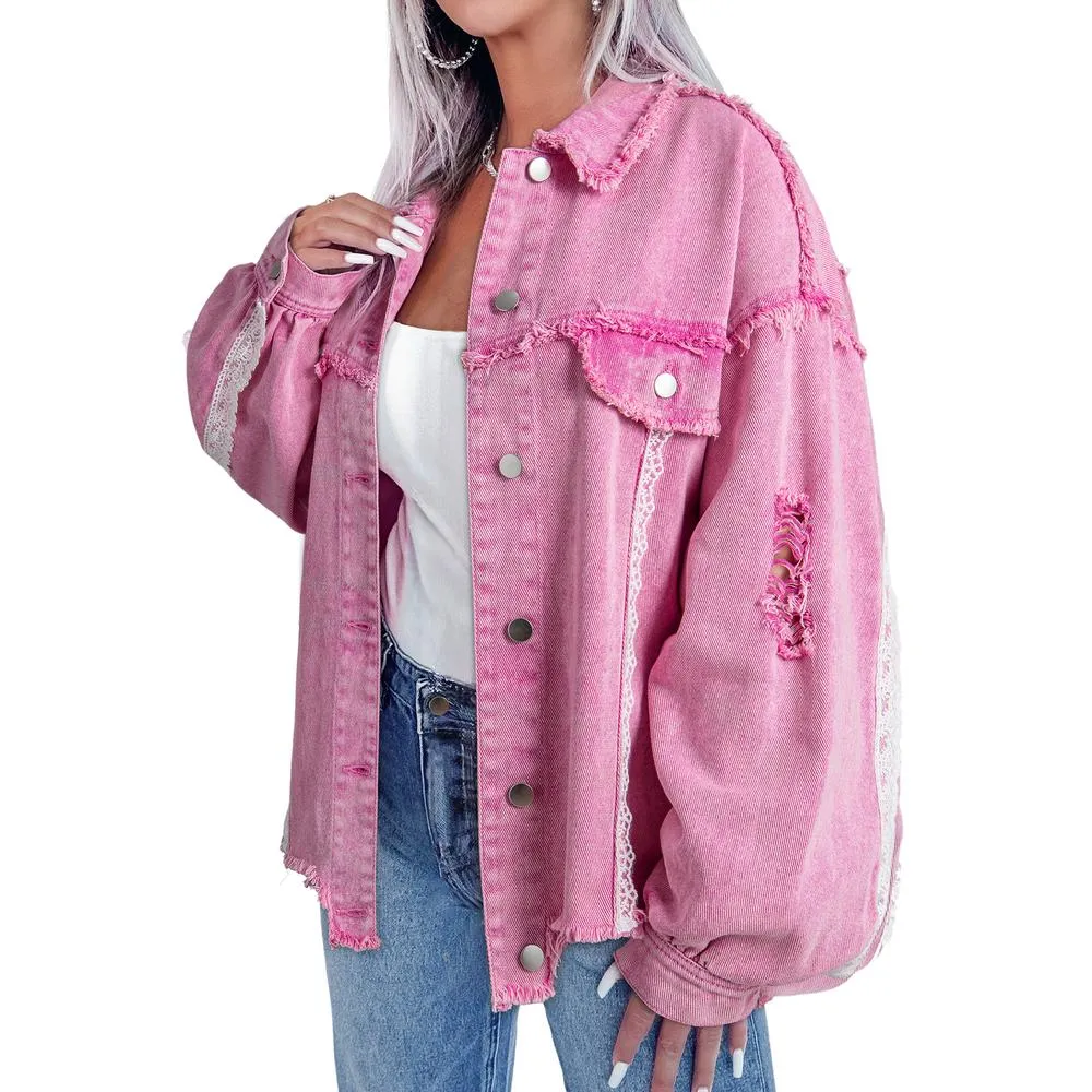 Azura Exchange Pink Lace Patchwork Distressed Buttoned Denim Jacket