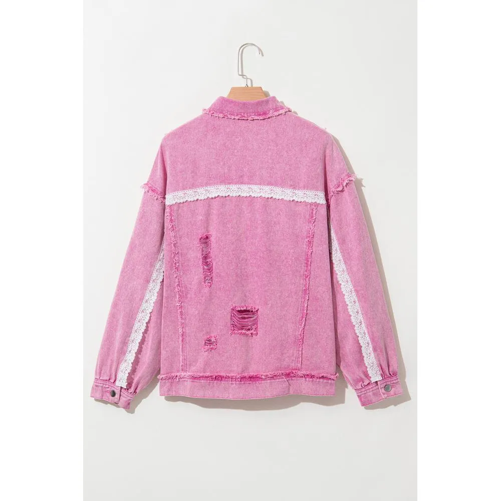 Azura Exchange Pink Lace Patchwork Distressed Buttoned Denim Jacket
