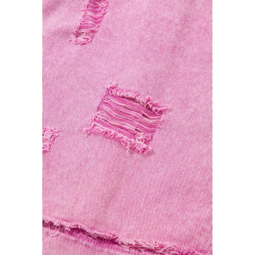 Azura Exchange Pink Lace Patchwork Distressed Buttoned Denim Jacket