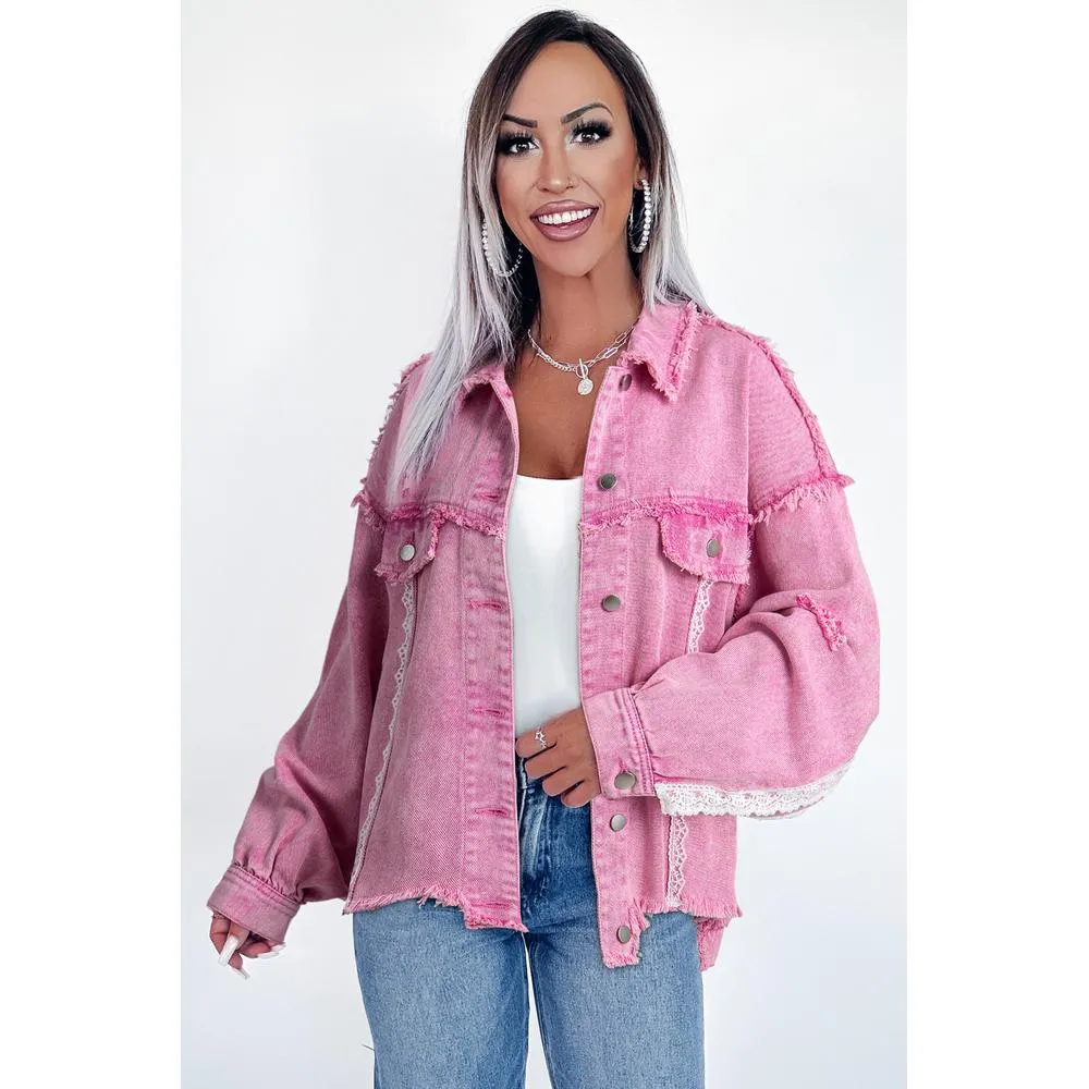 Azura Exchange Pink Lace Patchwork Distressed Buttoned Denim Jacket