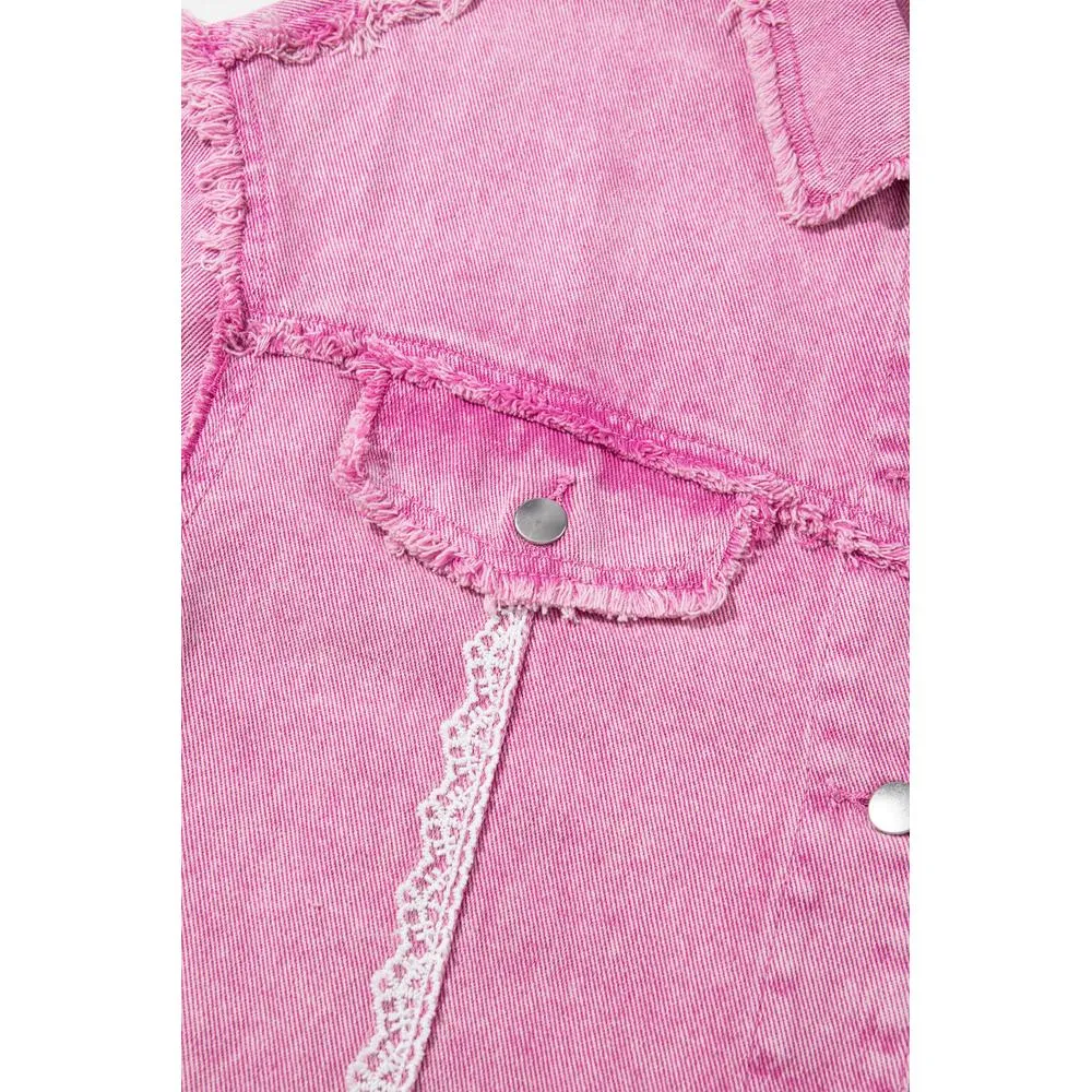 Azura Exchange Pink Lace Patchwork Distressed Buttoned Denim Jacket