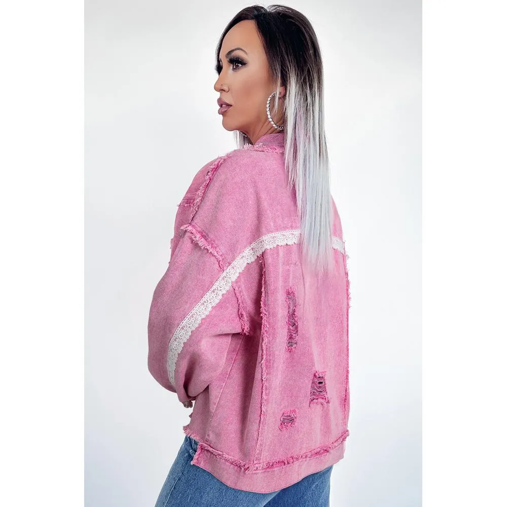 Azura Exchange Pink Lace Patchwork Distressed Buttoned Denim Jacket